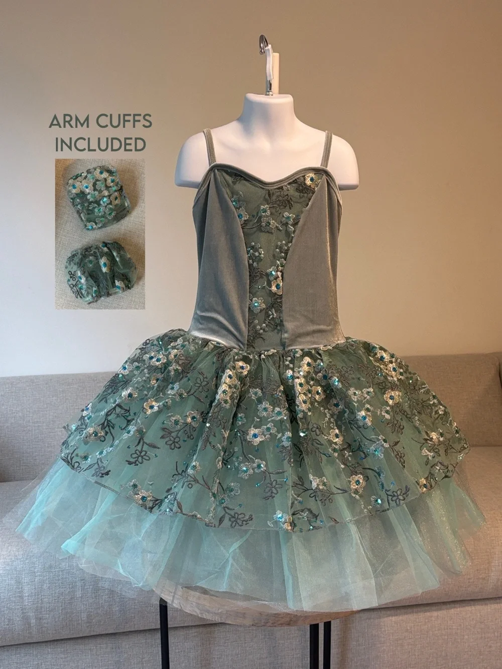 Girls Green Floral Tulle Dance Costume with Arm Cuffs